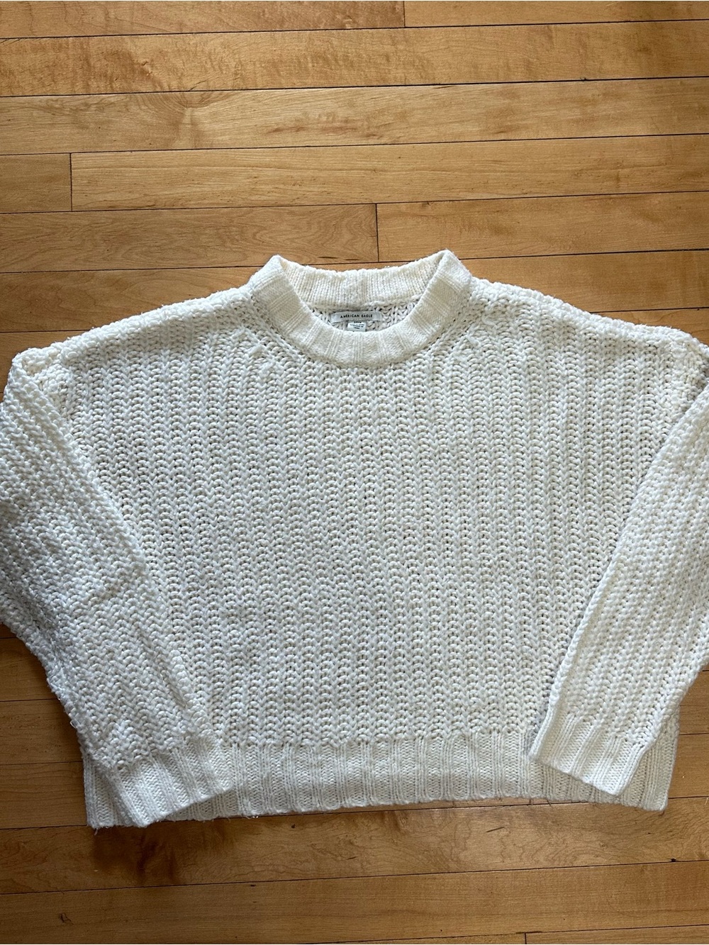 American Eagle Outfitters Cream Crewneck Textured Knit Sweater